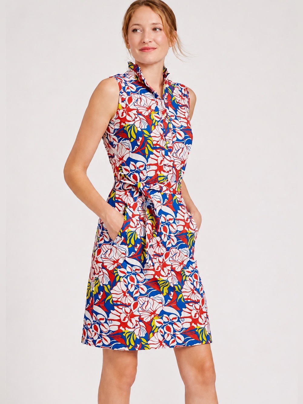 J. MCLAUGHLIN DORIS BLUE CORAL MINI WEST POND SLEEVELESS RUFFLE COLLAR DRESS
